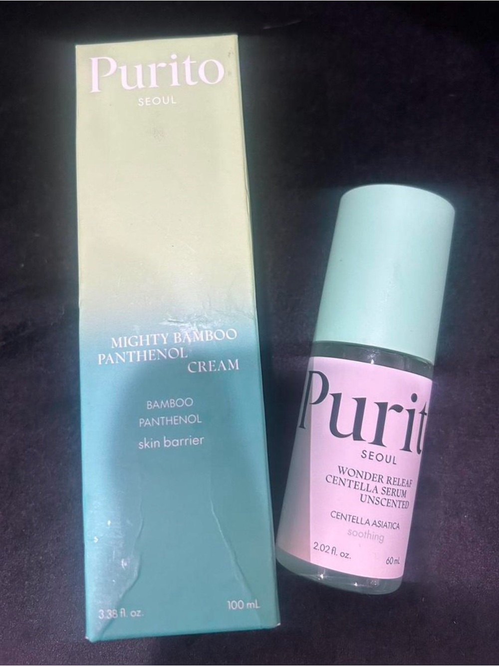 Purito Seoul Wonder Relief Centella Serum + Bamboo Panthenol Cream — Mint & Pink